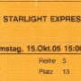 Starlight Express - 15.10.2005<br />Nach 17 Jahren habe ich Starlight Express zum ersten Mal in Bochum gesehen. Bewundernswerte Akteure, akzeptable Musik, viel Action. <br />Schaue ich mir in 17 Jahren vielleicht noch Mal an.....