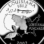 Louisiana State Quarter - Pelikan; Trompete mit Noten, Umriss des Louisiana Purchase auf der Karte der USA <br />Beschriftung: „Louisiana Purchase“