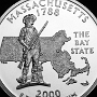 Massachussetts State Quarter - zu sehen ist die Minuteman Statue, der Umriss des Staates und die Bezeichung: The Bay State