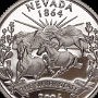 Nevada State Quarter - Mustangs, Berge, Sonnenaufgang, Wüsten-Beifuß<br />Banner mit Aufschrift: „The Silver State“